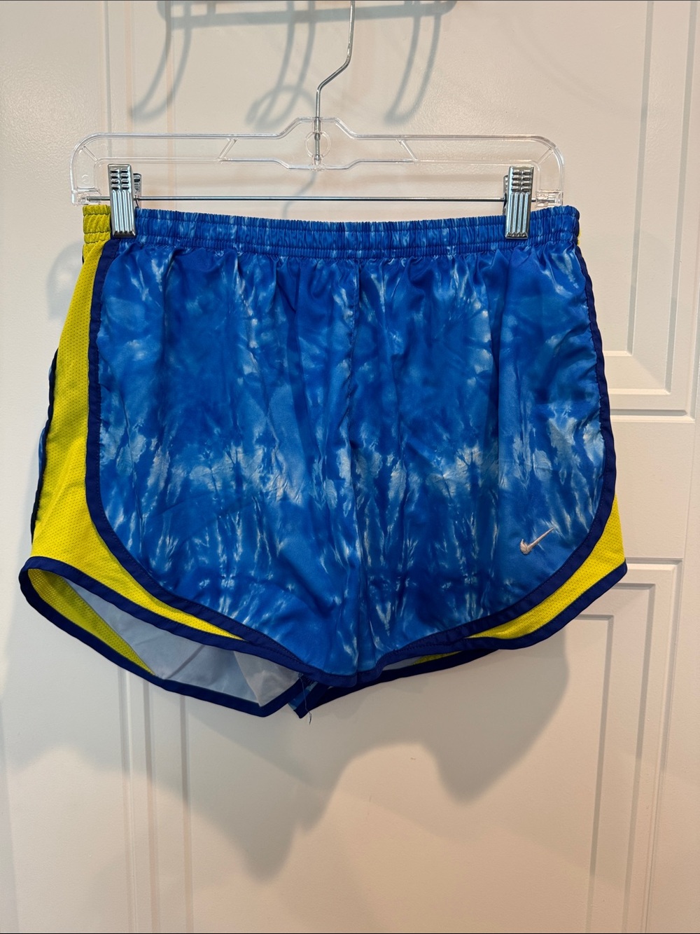 Nike Women's Blue Tie-Dye Athletic Shorts with Yellow Panels